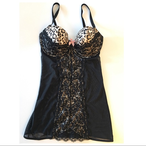Victoria's Secret Other - Victoria’s Secret Leopard Black See through Sheer Bustier Babydoll Lingerie 36D